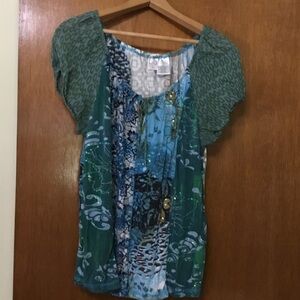 Bila Green and Blue Patterned Blouse
